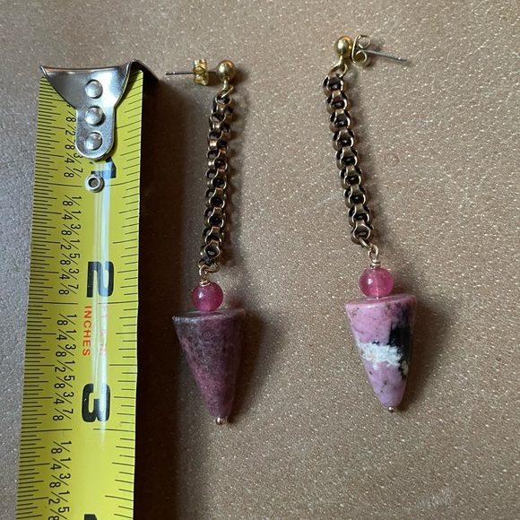 Pink stone marble w glass bead cone conical shape geometric organic earrings - Picture 8 of 8